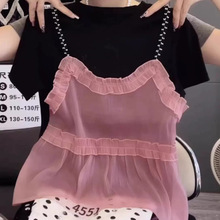 【原版做工】假两件短袖时尚网纱拼接圆领T恤高级设计感上衣女