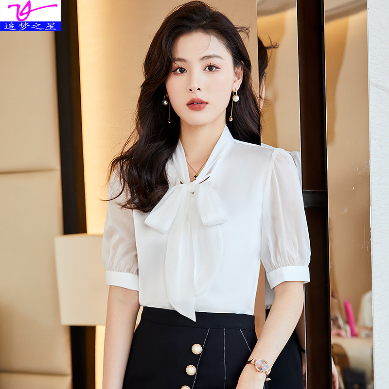 Professional white colored summer shiffon thin shirt with bow
