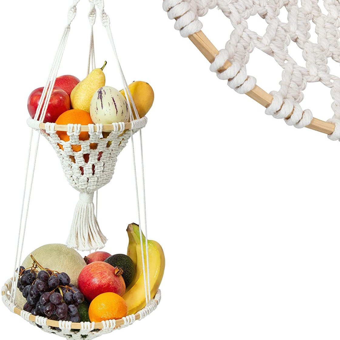 Transfronterizo cuerda de algodón hecha a mano tejida cesta colgante de verduras y frutas Estilo nórdico DIY fruta hamaca vegetal colgante bolsa de red de almacenamiento