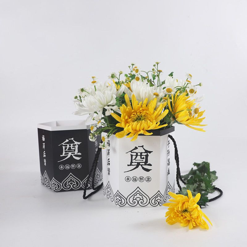Caja de regalo del Día de Qingming de barrido de la tumba de sacrificio de flores negras canasta floral al por mayor crisantemo caja de embalaje hexagonal impermeable