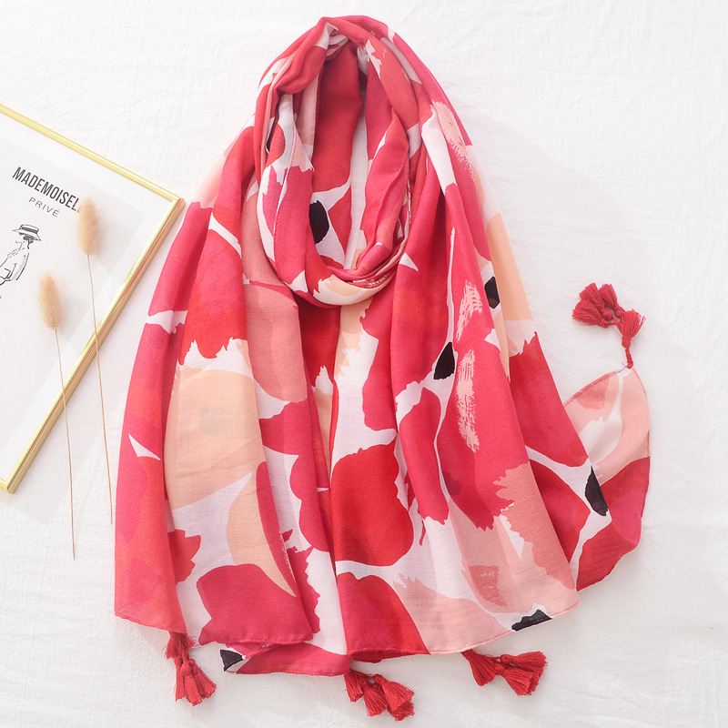 Comercio exterior transfronterizo bufanda de primavera caliente bufanda de seda de las mujeres chal largo rojo floral algodón Lino sentir borla bufanda