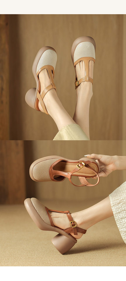 Sandal nữ da cừu đục lỗ bít mũi quai chữ T khóa cài đế dày gót cao — Màu đen chi tiết 12
