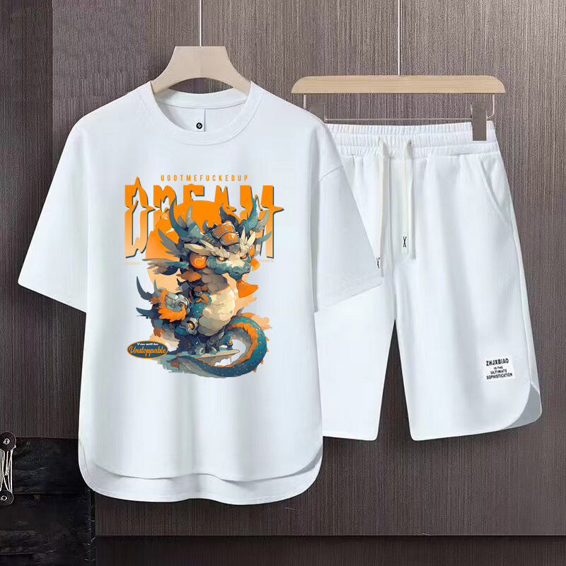 Men's Clothing 2024 Waffle Casual Summer Suit Men's Loose Teen Short sleeved T shirt Shorts Handsome Two piece Suit_desvips.com