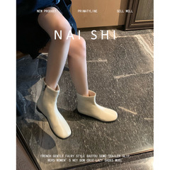 羊皮版！韩版白色裸靴女侧拉链圆头平底短靴软皮马丁靴法式瘦瘦靴