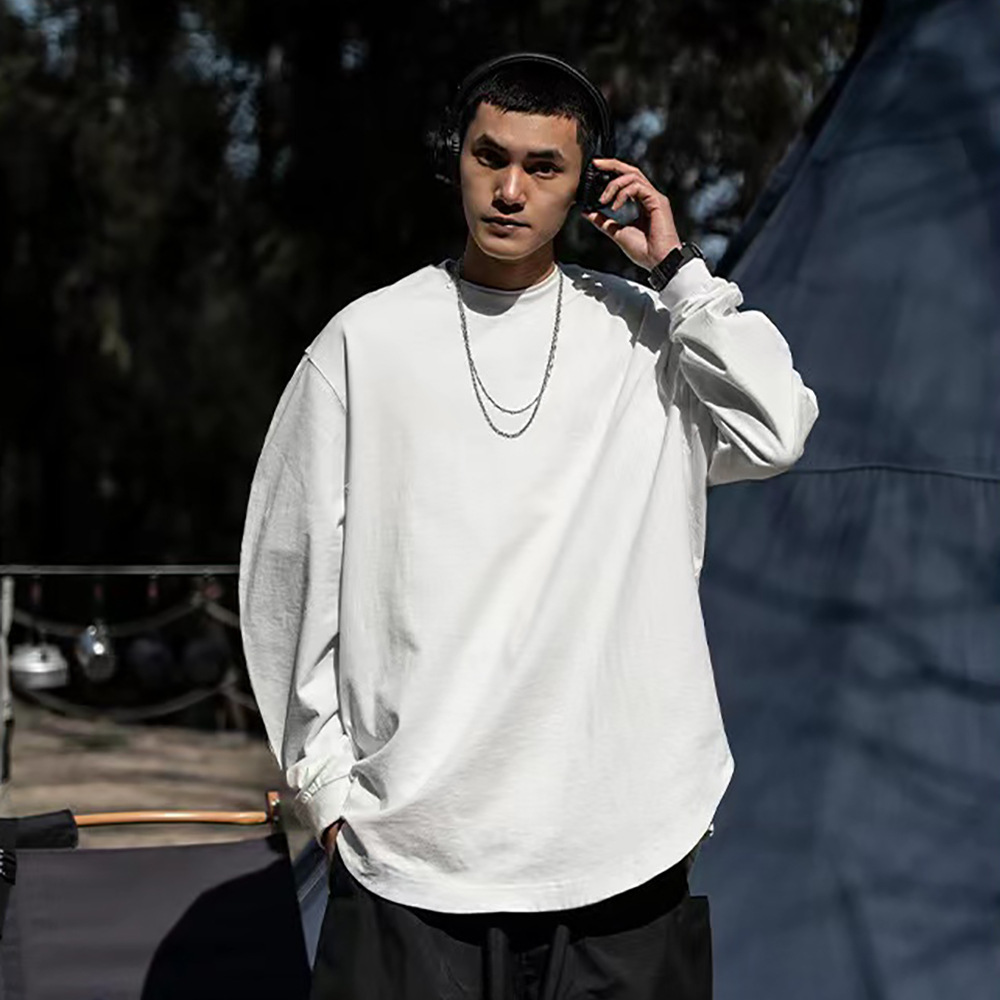 Peso pesado marca de moda americana de hombro caída camiseta de manga larga larga suelta media larga color sólido pequeño cuello en la camiseta de hip-hop europea y americana