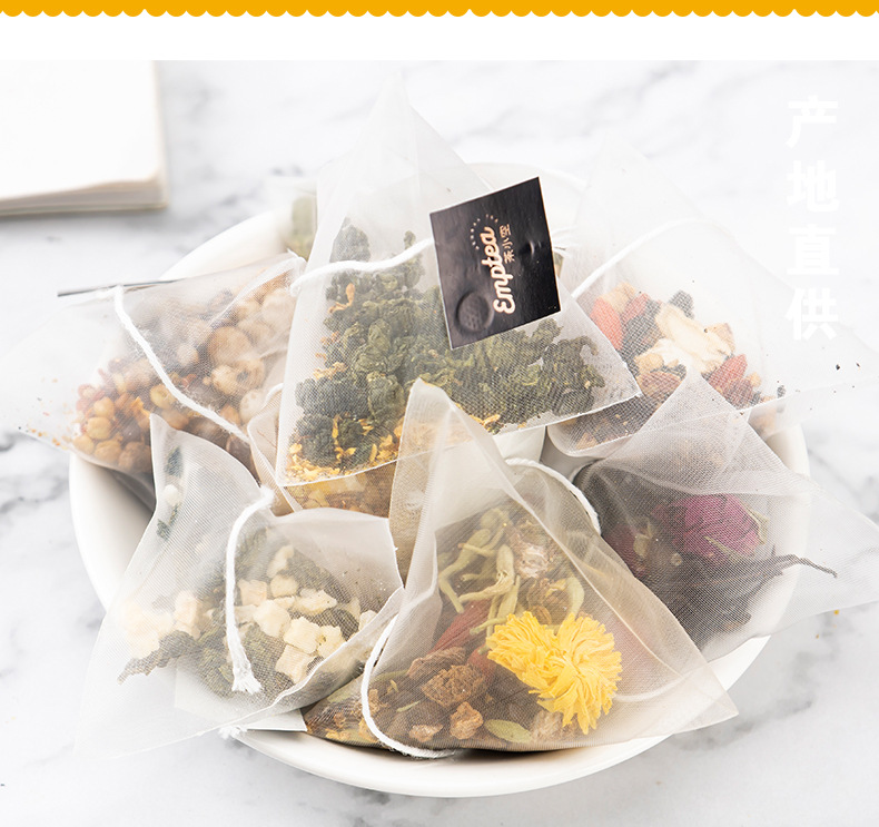 Triangle Tea Bag Sampler — Chrysanthemum, Cassia Seed, Apple Lotus & Sour Plum Herbal Blend in use