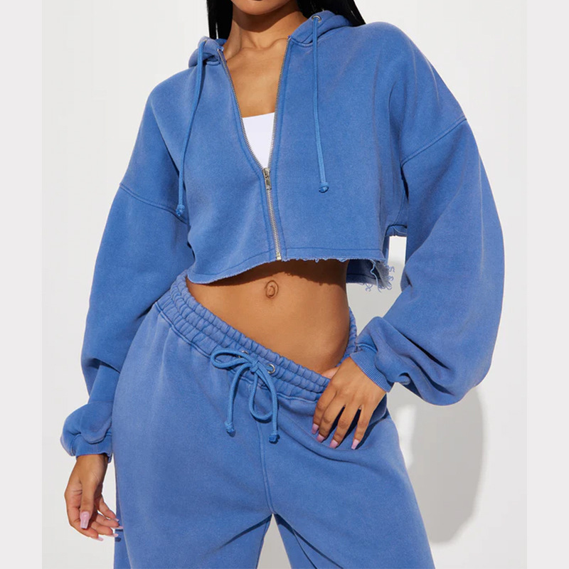 Vêtements pour femmes automne femmes décontracté à capuche devant zip pull jambe large pantalon ample costume_voghion.com