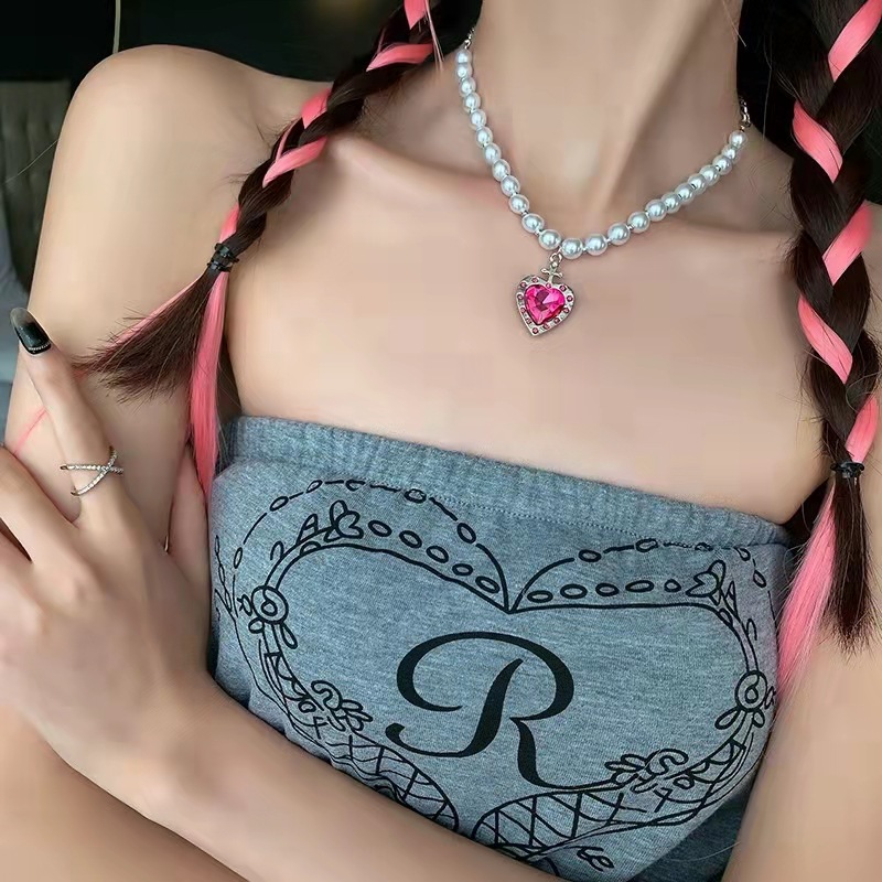 cute pearl chain pink diamond heart pendant titanium steel necklace wholesalepicture1
