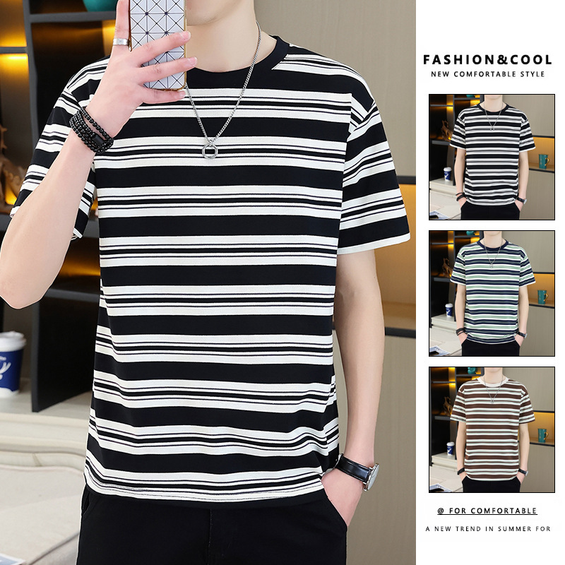 Men's summer new round neck striped short sleeve fashion trend men's T-shirt jacket factory direct a generation of hair