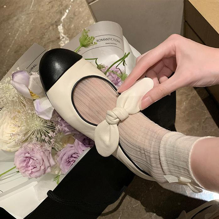 Giày búp bê nữ mũi tròn thắt nơ, đế bằng gót thấp — Màu trắng sữa, mơ đen, đen