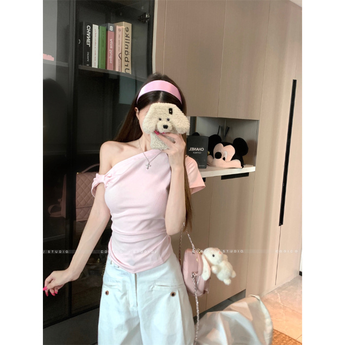CallmeEar//【デコンストラクトオフショルダーT】夏デザインの女性用半袖オフショルダートップス|undefined
