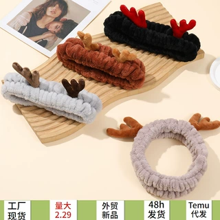 欧美风卡通红色鹿角洗脸发带女SPA专用头扣洗漱发箍头套防滑头饰