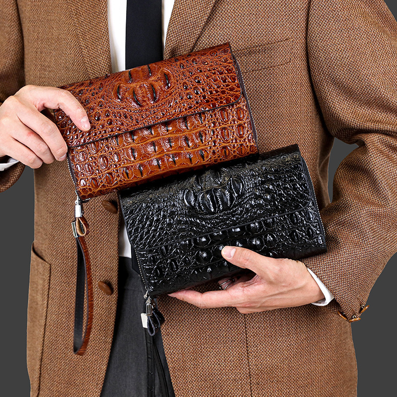 2023 Men's Crocodile Pattern Clutch Bag Double Zipper Handbag Double-Layer Phone Bag Card Holder Cross-Border Trade Portable Bag