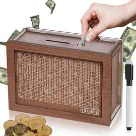 现货跨境 Money Box with Counter 木质存钱罐复古储 钱罐宫殿透