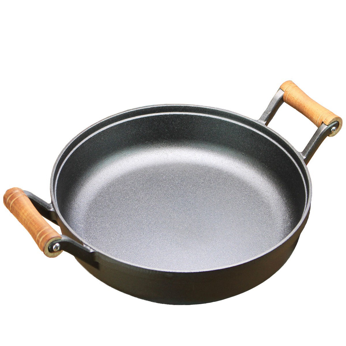 铸铁平底锅双耳木把煎锅炖锅家用水煎包多用锅无化学涂层加厚铁锅