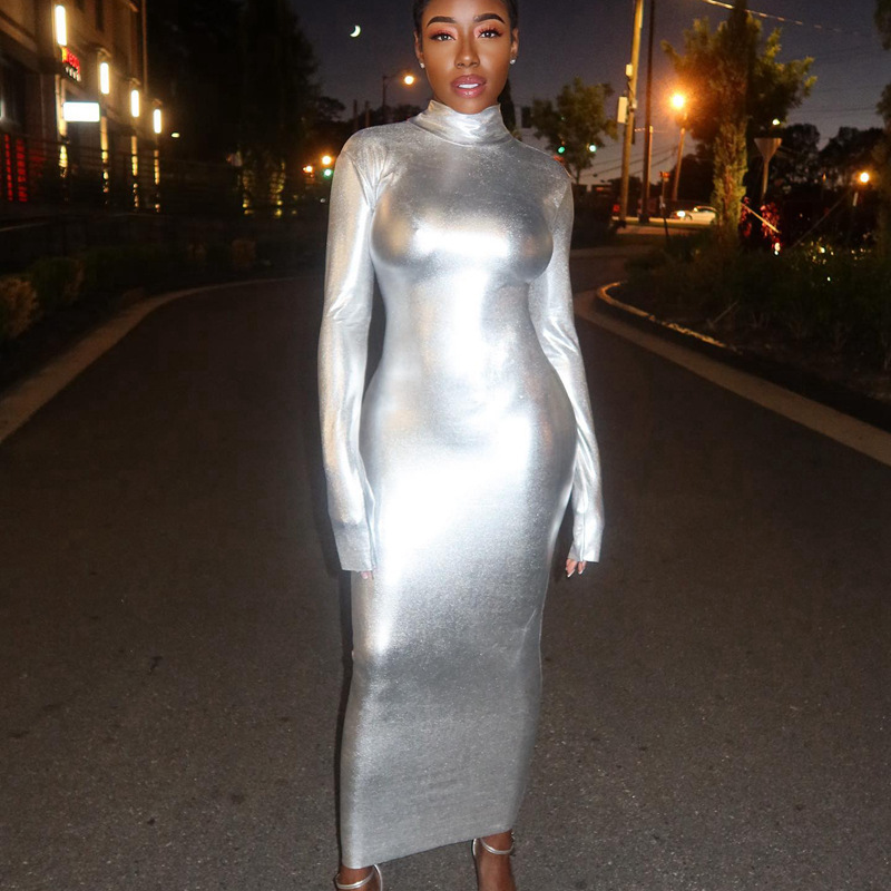 Cross-Border European and American Foreign Trade Women's Clothing 2026 High-Neck Long-Sleeve Waist-Cinching Slim-Fit Bodycon Mid-Length Dress Women's Formal Dress