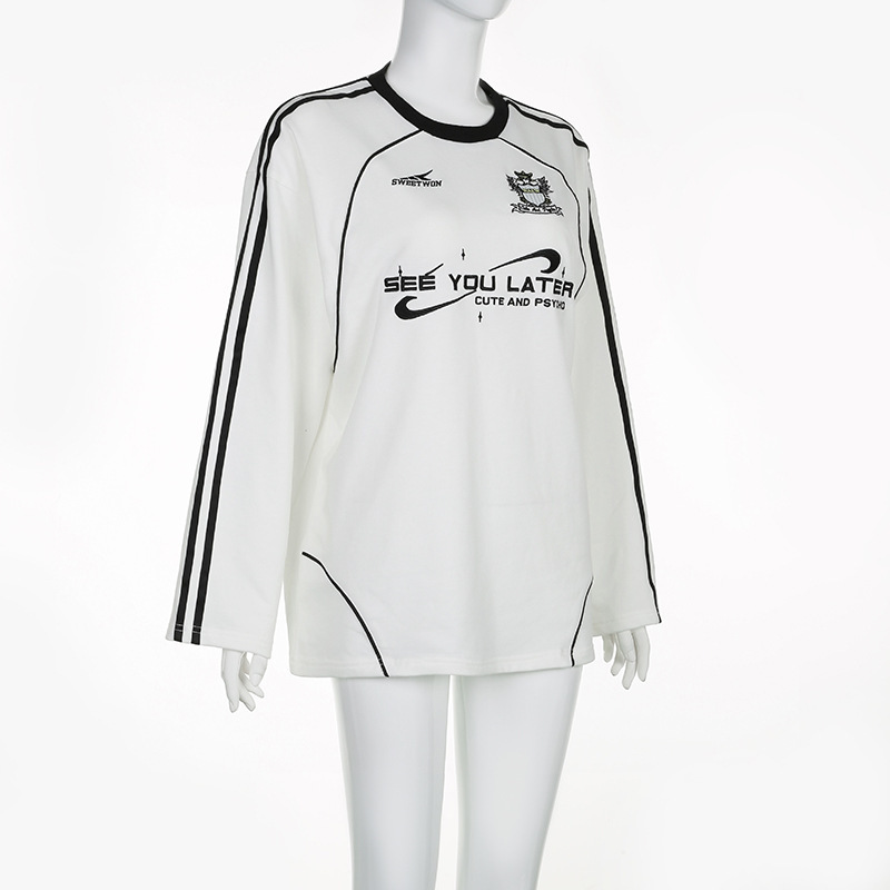 Felpa casual in stile americano con scollo rotondo e stampa di lettere, a blocchi di colore, vestibilità ampia, da donna, semplice da indossare durante il tragitto casa-lavoro_voghion.com