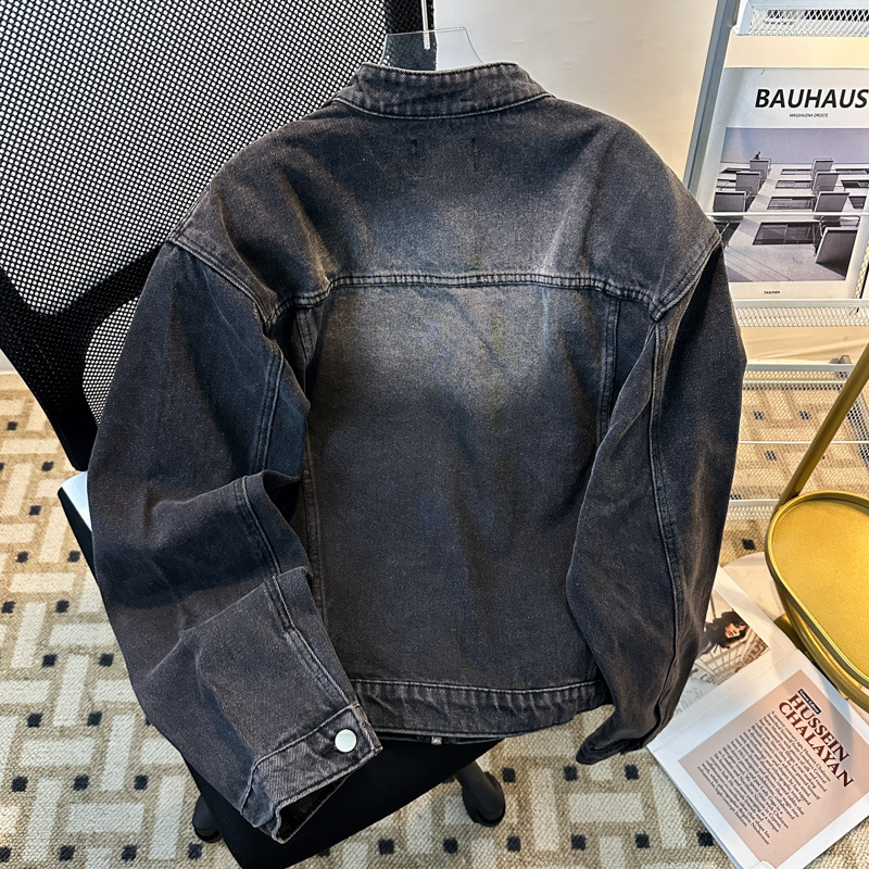 Small Niche Deconstructive Design Denim Jacket met schoudervullingen, vintage gewassen kort jasje voor heren_voghion.com