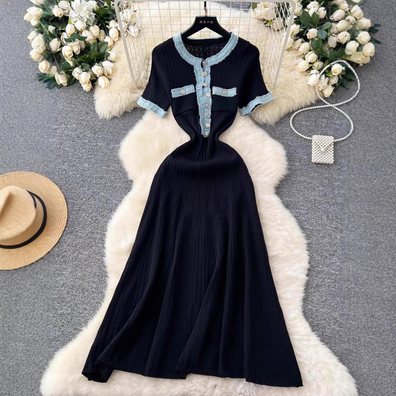 Pure Yuan Quality ~ S Home 2025 Early Spring French Elegant Flare Skirt Crewneck Slim Fit Long Knitted dress