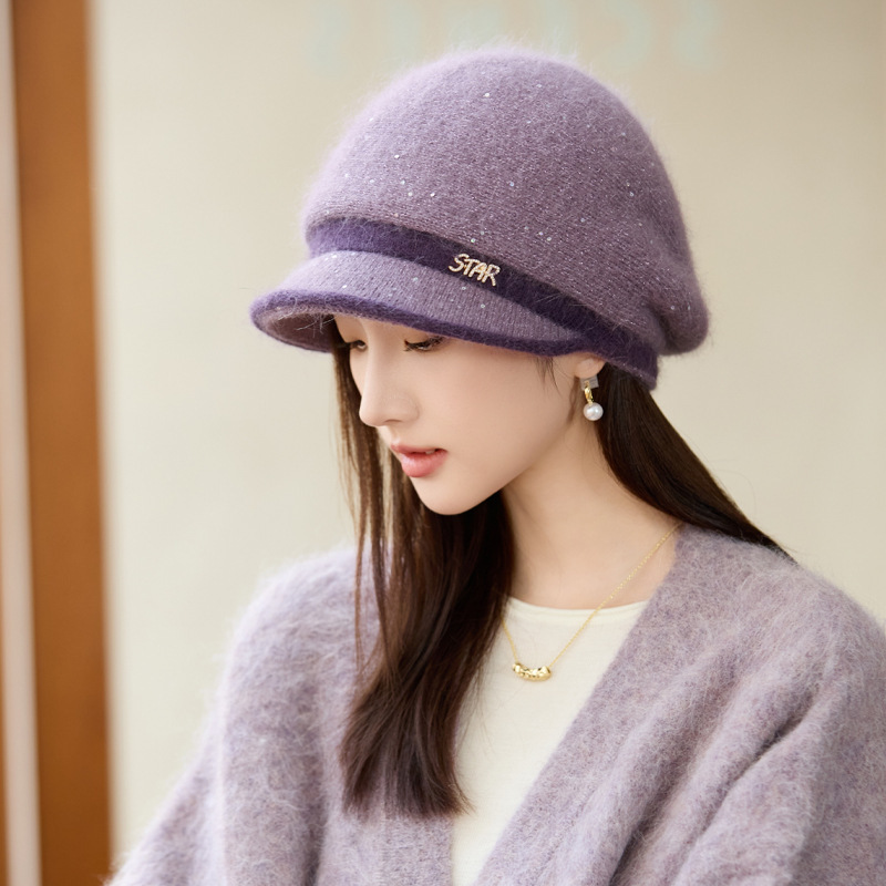 秋冬帽子女款高级感亮片保暖马术帽时尚休闲显脸小盆帽防寒护耳帽|undefined