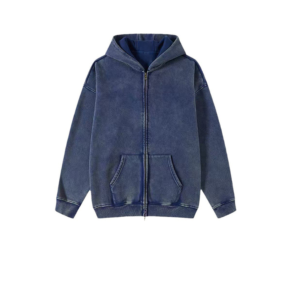Comercio exterior 2024 marca de moda americana lavadora con sudadera con capuz cardigan retro con camisa con cremallera doble para hombres suelta sudadera con capuz