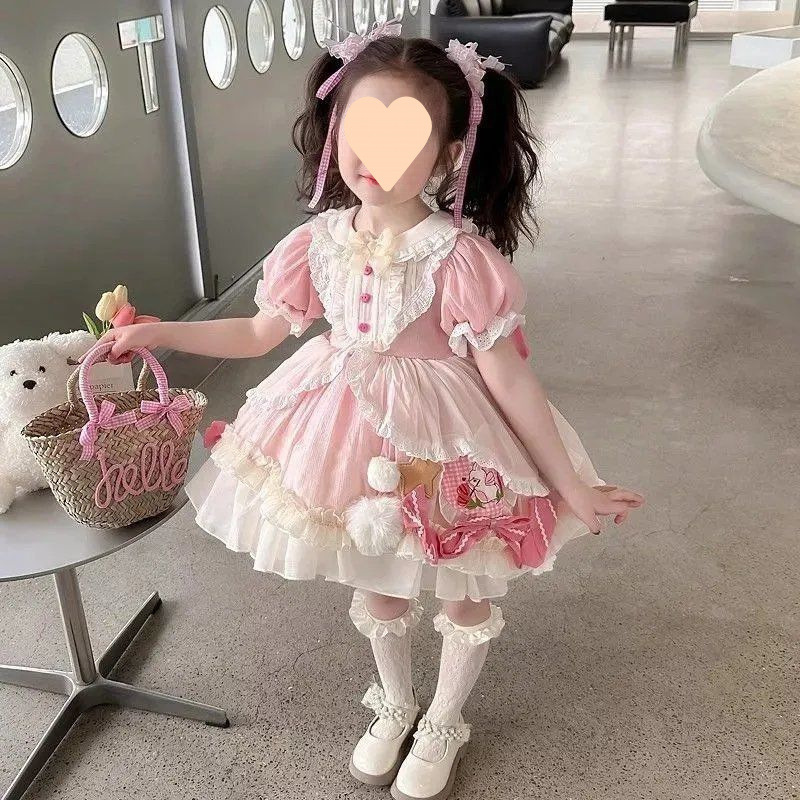 女の子ロリータピンクふわふわプリンセスドレス半袖1歳ベビーガールドレス宮殿風ドレス|undefined