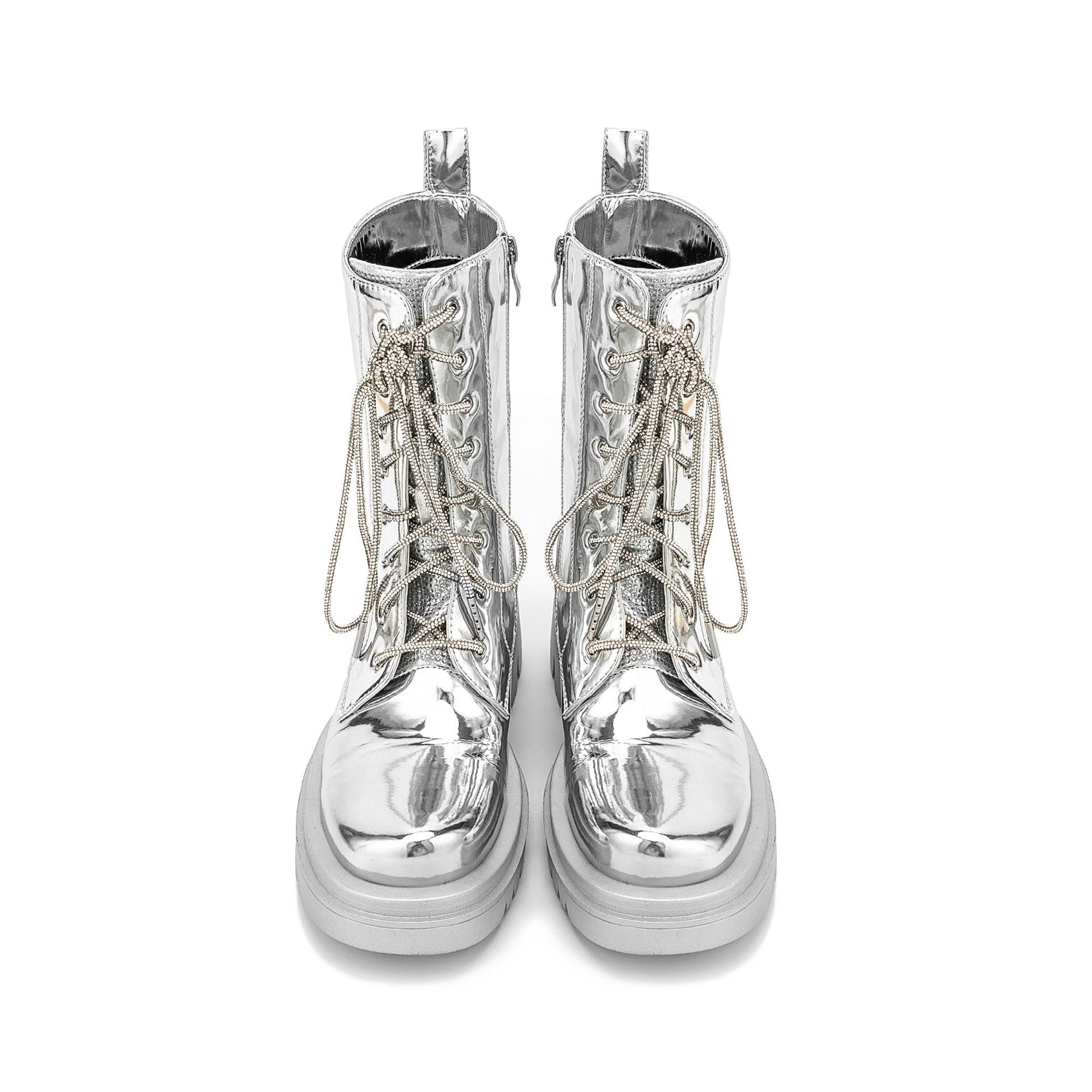 Silver patent leather medium chunky heel plus size platform booties punk boots_voghion.com