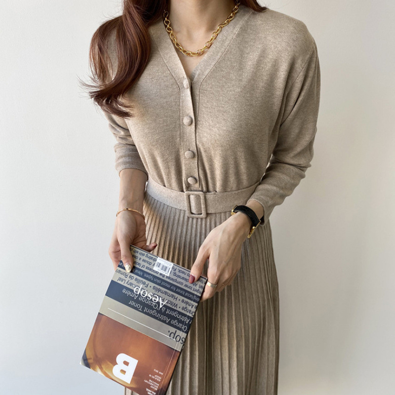 现货 韩国 秋冬新品百搭针织领收腰大摆长款连衣裙 女2025|undefined