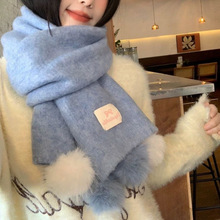 韩版新款毛球球围巾女冬季保暖百搭毛线可爱围脖氛围感加厚保暖