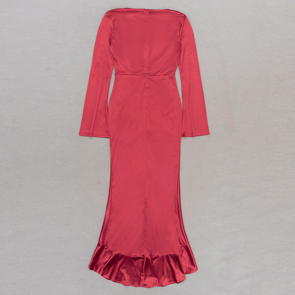 V neck Pleated Irregular Asymmetric Design Long Sleeve Dress Dinner Dress