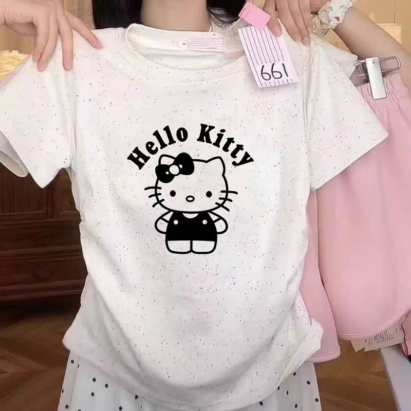 女の子韓国カラフルなドット Tシャツ 2025 夏の新しいラウンドネック漫画プリント半袖トップス西洋スタイルトレンドインスタイル|undefined