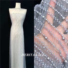 重工满幅设计亮片绣珠管刺绣点缀高档婚纱礼服面料新娘敬酒服布料