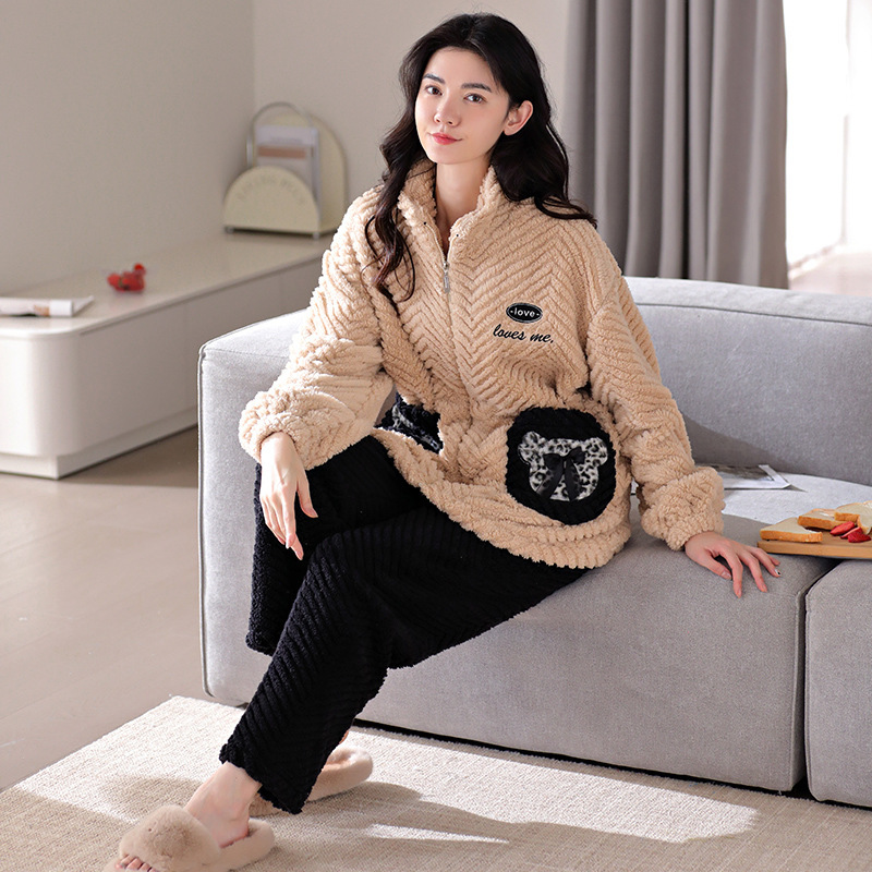 Winter ladies Shu cotton velvet underwear home clothes suit thick warm cardigan lapel coral velvet pajamas manufacturers