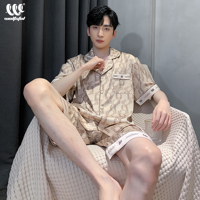 Pajamas for Men Summer Thin Ice Silk Simple Luxury Teenage Boys Korean Style Silk Short-Sleeved Home Clothes Set