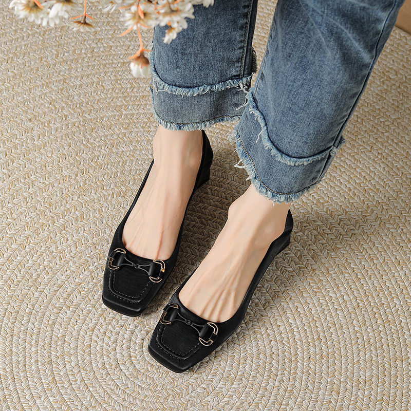 Giày cao gót nữ mũi vuông da cừu khóa kim loại gót thô 5 cm kiểu hai cách đi — Màu mơ, Màu trắng be, Màu đen
