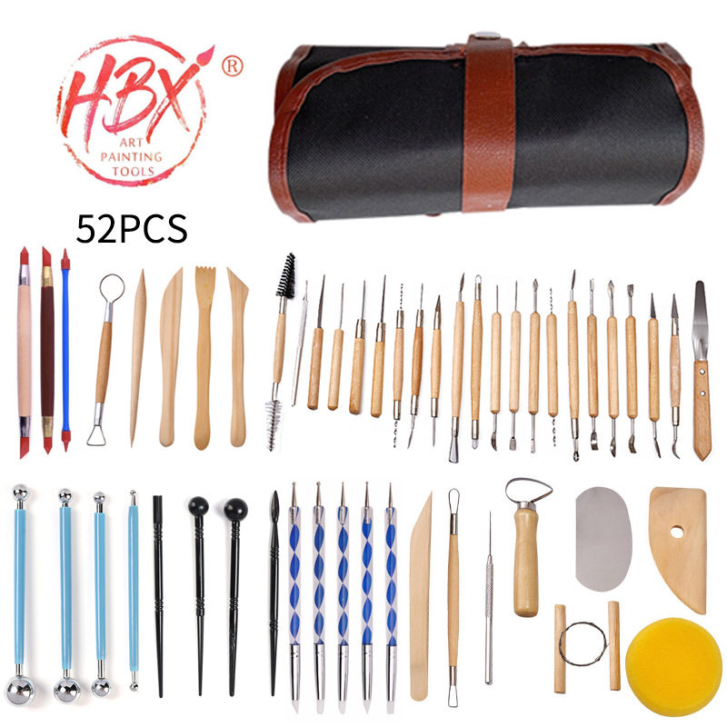 跨境 陶艺工具52件套装压痕棒硅胶笔粘土软陶泥辅助雕刻刀点钻笔|ms
