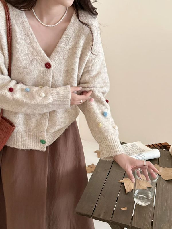 多巴胺纽扣立体球球针织开衫女秋冬新款休闲宽松减龄百搭长袖毛衣|undefined