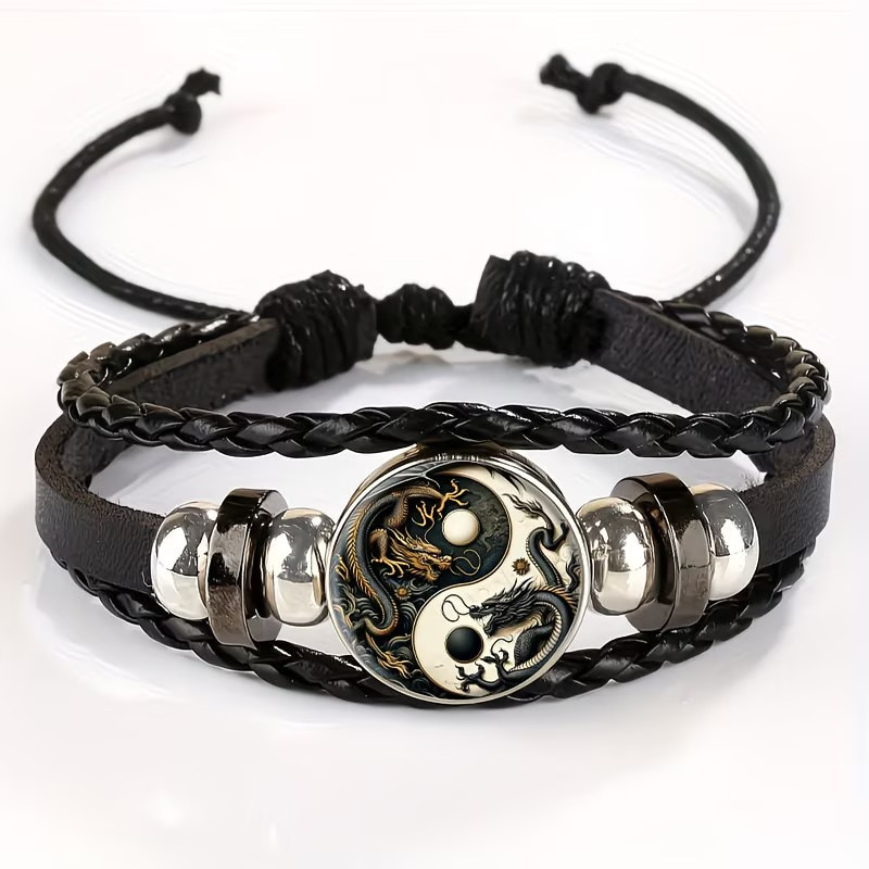 Adjustable Vintage Bracelet with Dragon-Shaped Yin-Yang Pendant - Stylish Black Faux Leather Wristband