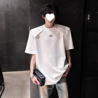 夏季小众解构垫肩正肩T恤衫男士短袖美式金属装饰设计感短袖男t恤