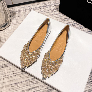 Chanel style pointed toe single-layer shoes Women's Flat 2024 new spring and autumn low-cut shoes silver soft bottom women's plus size pumps