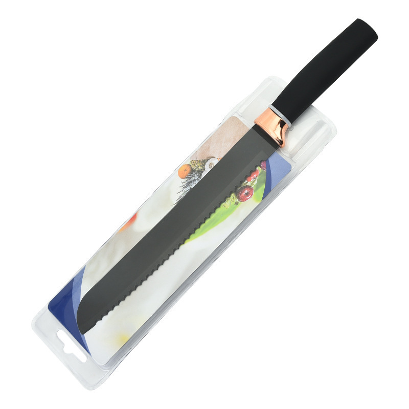 Cuchillos de acero inoxidable de cocina de punto de comercio exterior juego completo de cuchillos de cabezal de galvanoplastia de oro rosa, mango recto de hoja negra, succión de doble cara