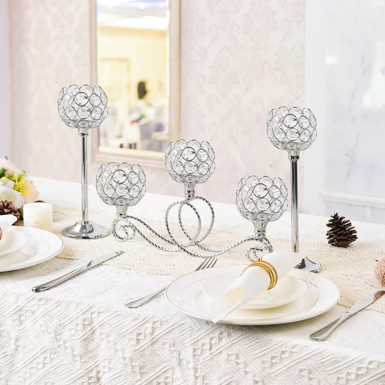 Enchapado de metal moderno nórdico 3 cabezas 5 brazos combinación candelabro de cristal elegante mesa de boda centro decoración candelabro