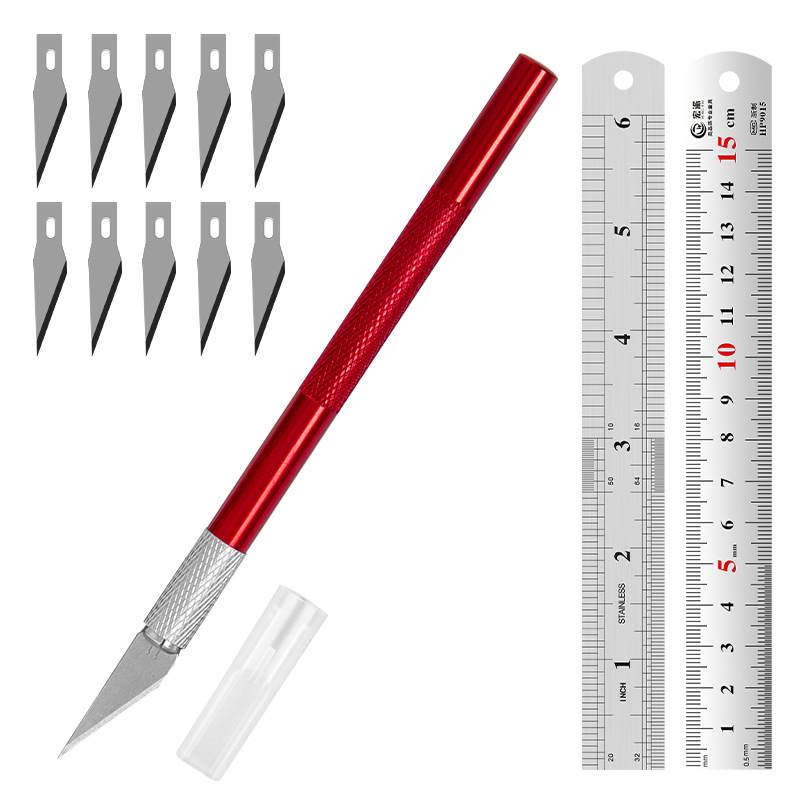 Juego de herramientas de tallado transfronterizo: cuchillo y regla de acero, cuchillo para manualidades con kit de cuchillas, regla de acero inoxidable de 15 cm para uso en bricolaje.