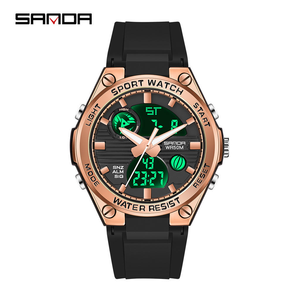 Sanda 6067 nuevos deportes al aire libre de moda personalizada doble pantalla electrónica movimiento luminoso Calendario Cronógrafo