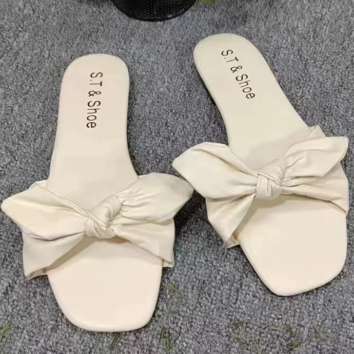 Женские летние новые тапочки на плоской подошве TikTok с квадратной головкой в Корейском стиле, одноразовые банты с бантом, сказочные тапочки для женщин