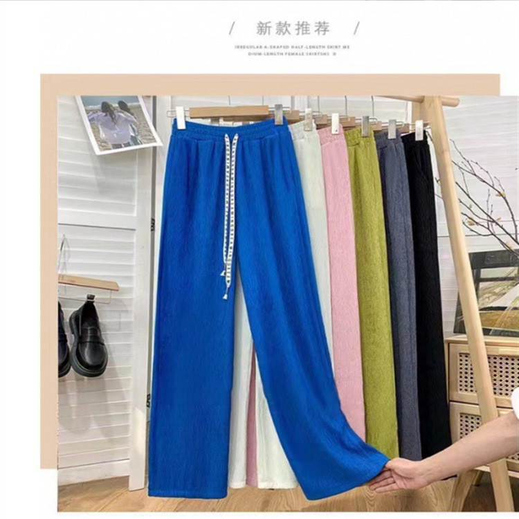 2025 新しい夏の千葉パンツテクスチャードしわのあるワイドレッグパンツレター巾着ハイウエストスリムカジュアルパンツ|undefined