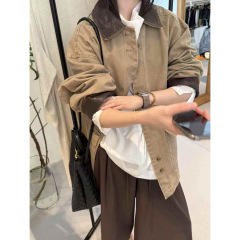 【复古巴恩风】日系工装擦色羊皮拼接牛仔外套休闲中长夹克女秋冬