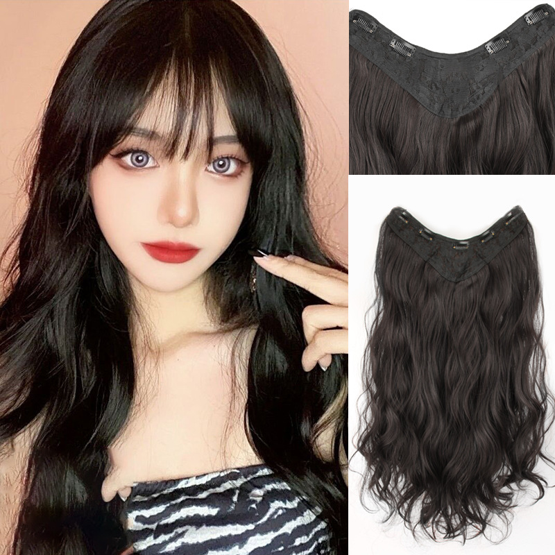 Peluca pieza de una pieza en forma de V clip de pelo sin costuras extensión de pelo parche almohadilla pelo largo rizado pieza de pelo hembra xuchang en stock venta al por mayor