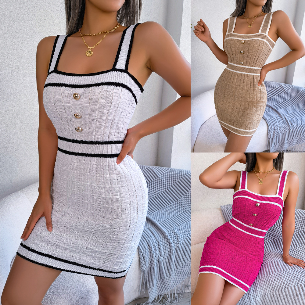 210g Weight Wholesale Women's Casual Color Block Daily Street Sling Collar Sleeveless Sweater Dress