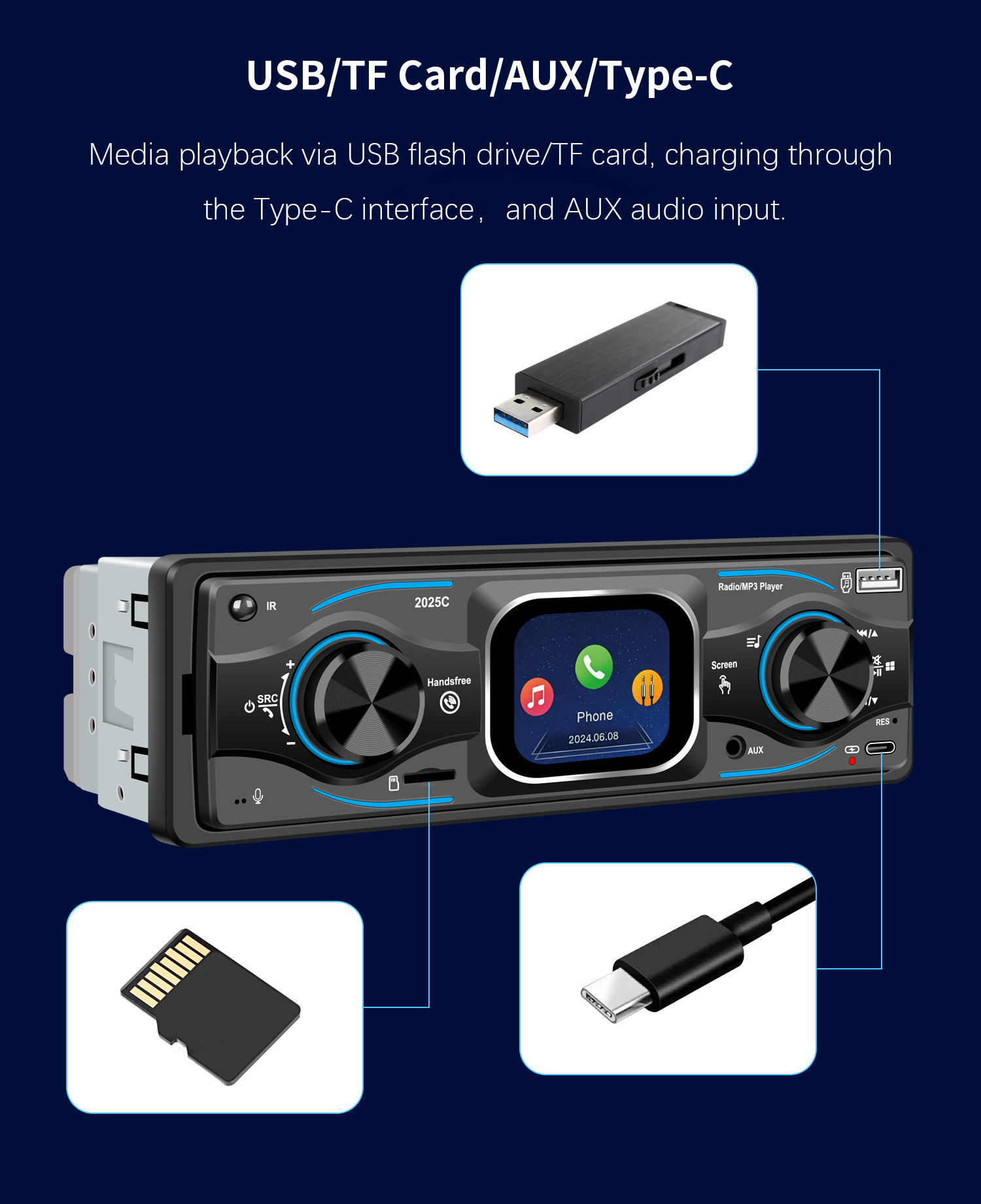 Cross-Border Single-Cylinder Touch Screen with Time Display Car Bluetooth Mp3 Player Car Central Control Radio 2025C